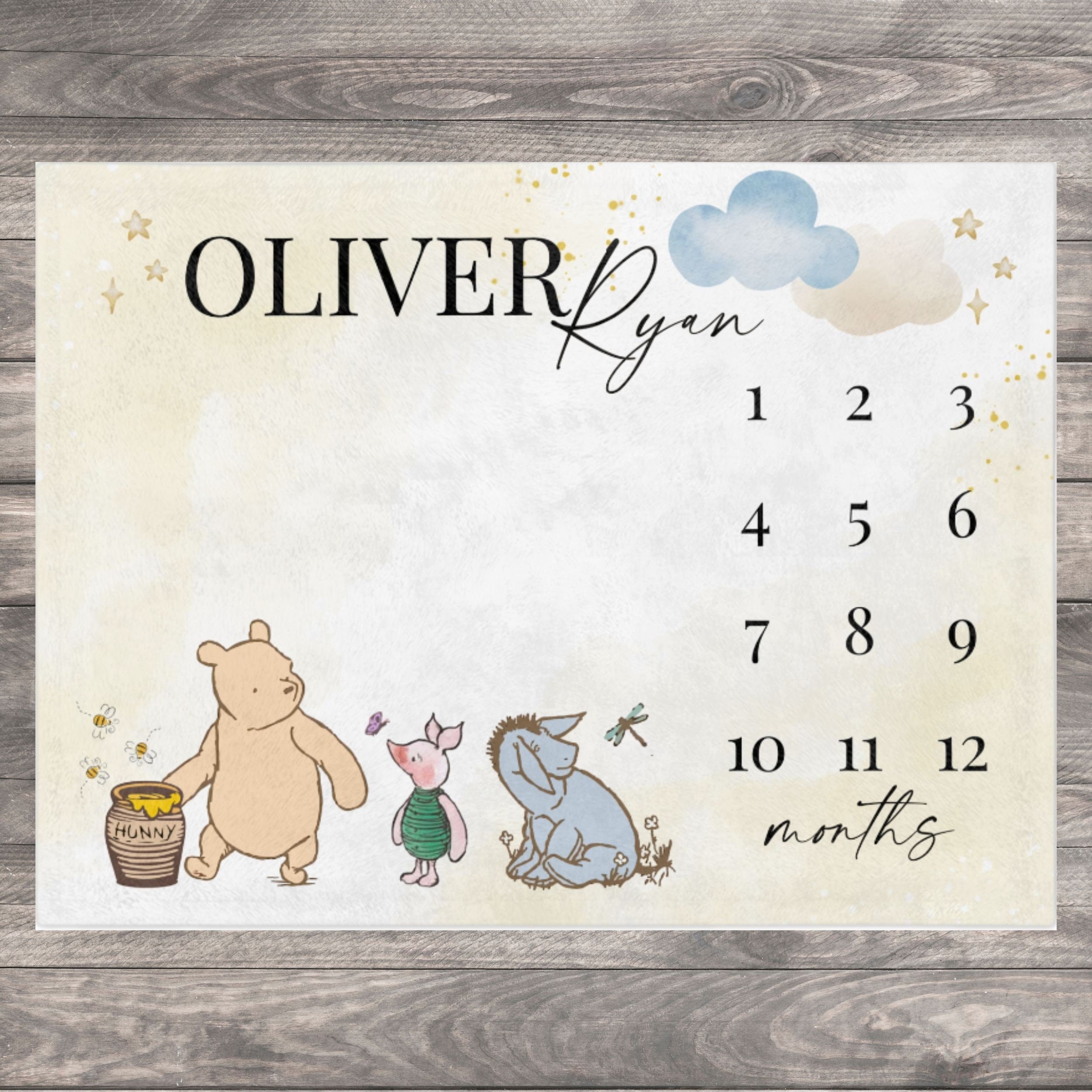 Classic Pooh Bear Baby Milestone Blanket Boy, First Year Calendar Monthly Growth Mat, Personalized Bear Name Month Blanket, Baby Shower Gift