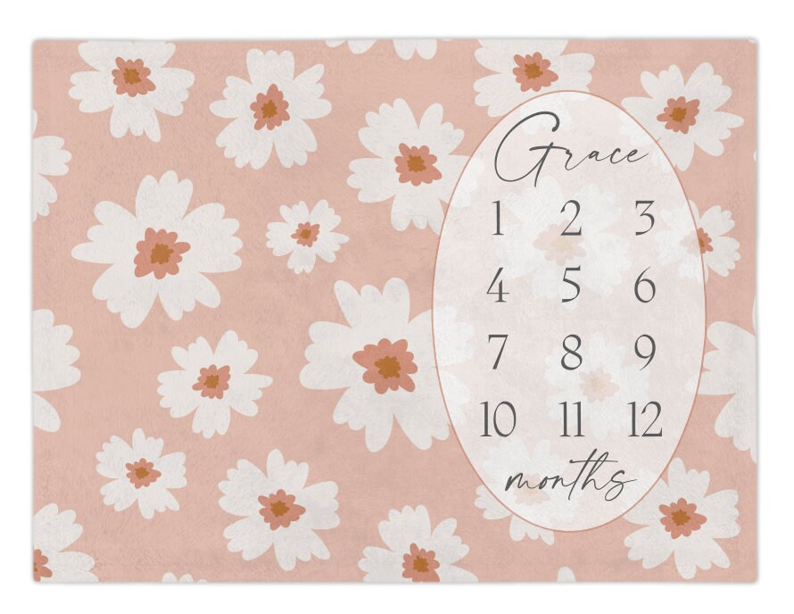 Boho Baby Milestone Blanket Girl, Personalized First Year Calendar Monthly Growth Blanket, Daisy Custom Name Month Blanket, Baby Shower Gift