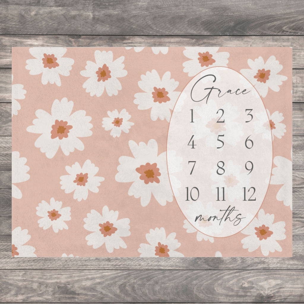 Boho Baby Milestone Blanket Girl, Personalized First Year Calendar Monthly Growth Blanket, Daisy Custom Name Month Blanket, Baby Shower Gift