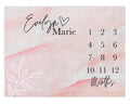 May include: A pink and white watercolor background with a white floral design. The text "Evelyn Marie" is written in black cursive with a heart symbol.  Numbers 1 through 12 are written in black below the name, with the word "Months" written below the numbers. Perfect for baby girls, baby showers, baby sprinkle, newborn gifts, or expecting parents who love soft, modern nursery aesthetics.