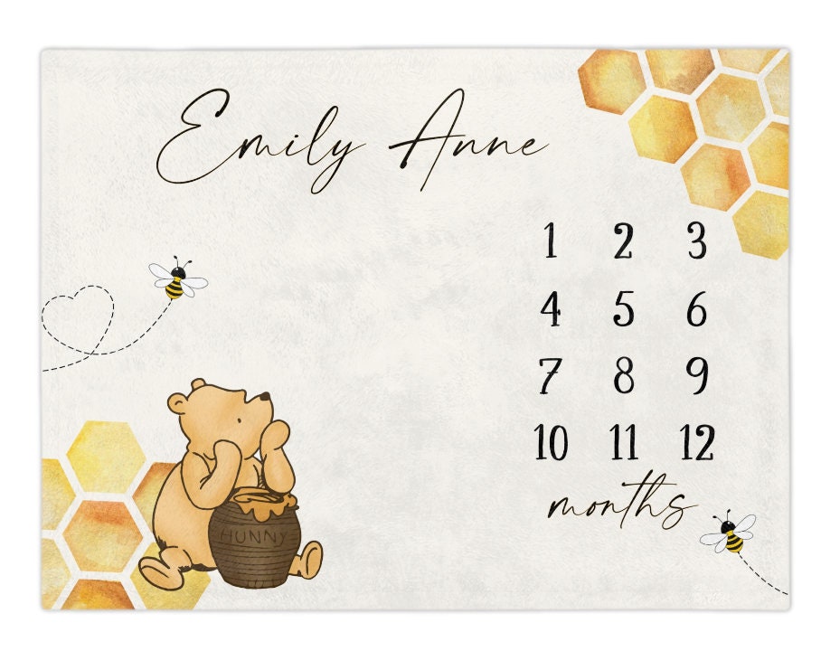 Classic Winnie Bear Milestone Blanket Girl, First Year Calendar Monthly Growth Tracker, Personalized Name Boy Month Blanket Baby Shower Gift