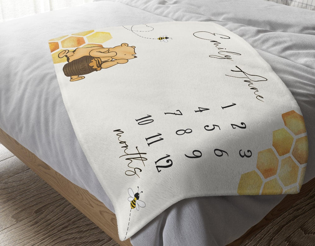 Classic Winnie Bear Milestone Blanket Girl, First Year Calendar Monthly Growth Tracker, Personalized Name Boy Month Blanket Baby Shower Gift
