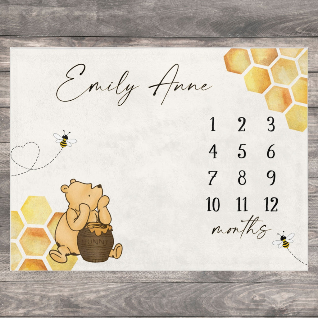 Classic Winnie Bear Milestone Blanket Girl, First Year Calendar Monthly Growth Tracker, Personalized Name Boy Month Blanket Baby Shower Gift
