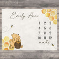 Classic Winnie Bear Milestone Blanket Girl, First Year Calendar Monthly Growth Tracker, Personalized Name Boy Month Blanket Baby Shower Gift