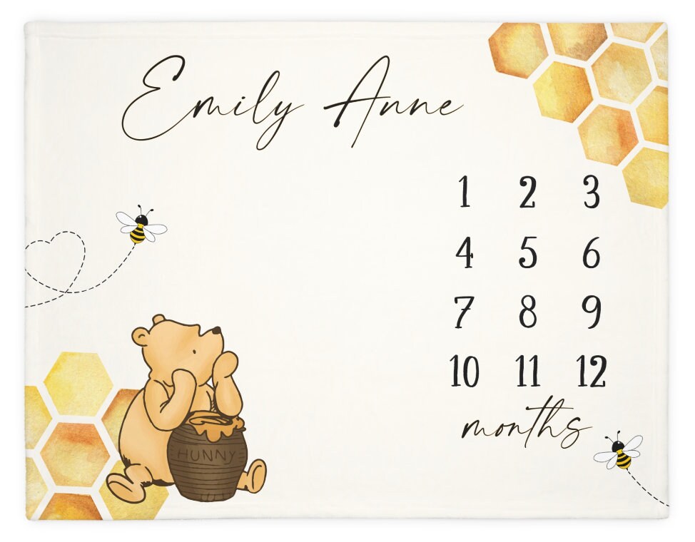 Classic Winnie Bear Milestone Blanket Girl, First Year Calendar Monthly Growth Tracker, Personalized Name Boy Month Blanket Baby Shower Gift