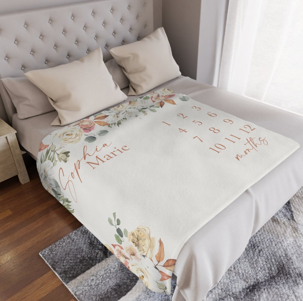 Personalized Boho Floral Baby Milestone Blanket, Rustic Monthly Growth Tracker, Terracotta Fall Month Blanket, Autumn baby announcement