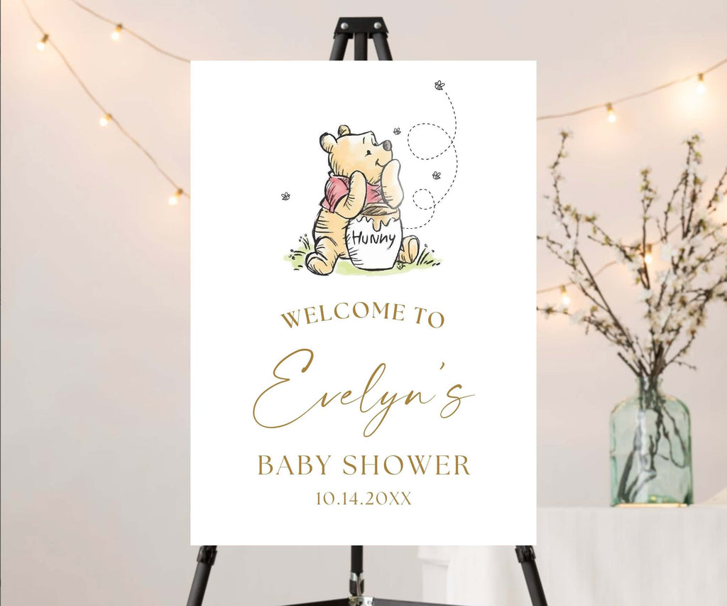 Vintage Winnie Baby Shower Welcome Sign, Bear Poster, Gender Neutral Party Decor, Bear Baby Sprinkle, Storybook Hundred Acre Wood Decor
