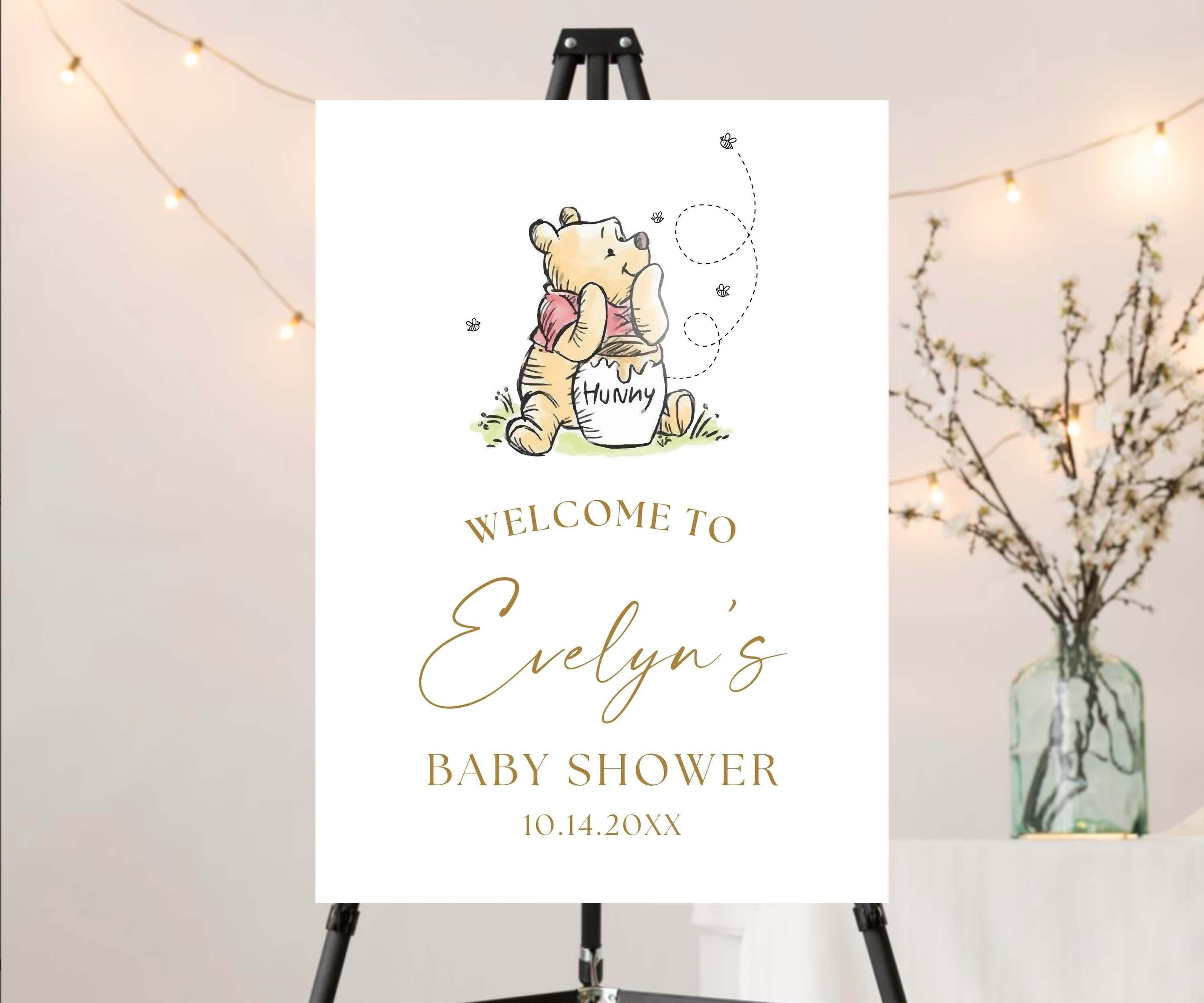 Classic Winnie Bear Baby Shower Welcome Sign, Teddy Bear Party Poster, Gender Neutral Birthday, Vintage Storybook Sign, Digital Download