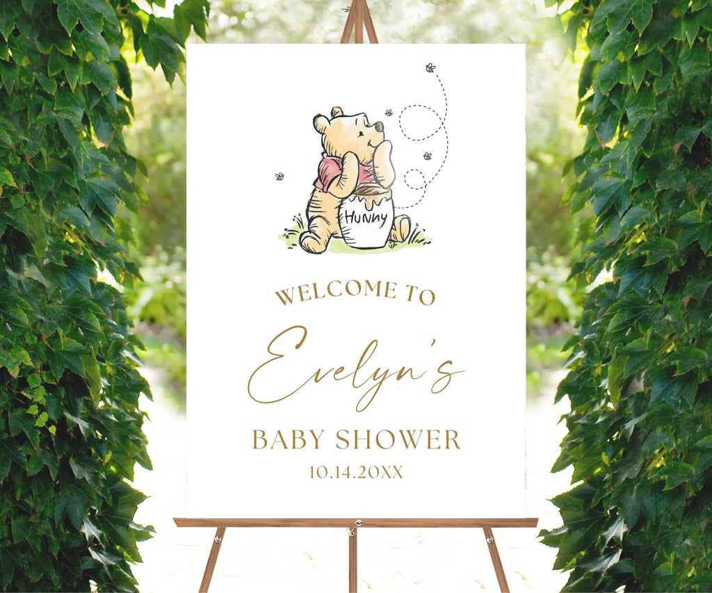 Vintage Winnie Baby Shower Welcome Sign, Bear Poster, Gender Neutral Party Decor, Bear Baby Sprinkle, Storybook Hundred Acre Wood Decor