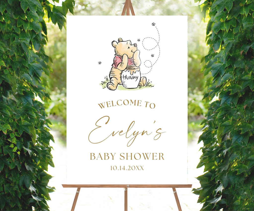 Classic Winnie Bear Baby Shower Welcome Sign, Teddy Bear Party Poster, Gender Neutral Birthday, Vintage Storybook Sign, Digital Download