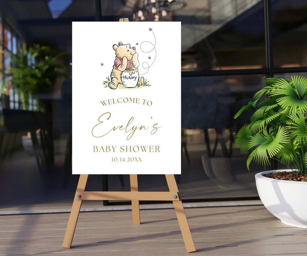 Classic Winnie Bear Baby Shower Welcome Sign, Teddy Bear Party Poster, Gender Neutral Birthday, Vintage Storybook Sign, Digital Download