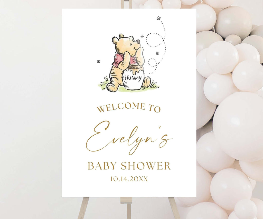 Classic Winnie Bear Baby Shower Welcome Sign, Teddy Bear Party Poster, Gender Neutral Birthday, Vintage Storybook Sign, Digital Download