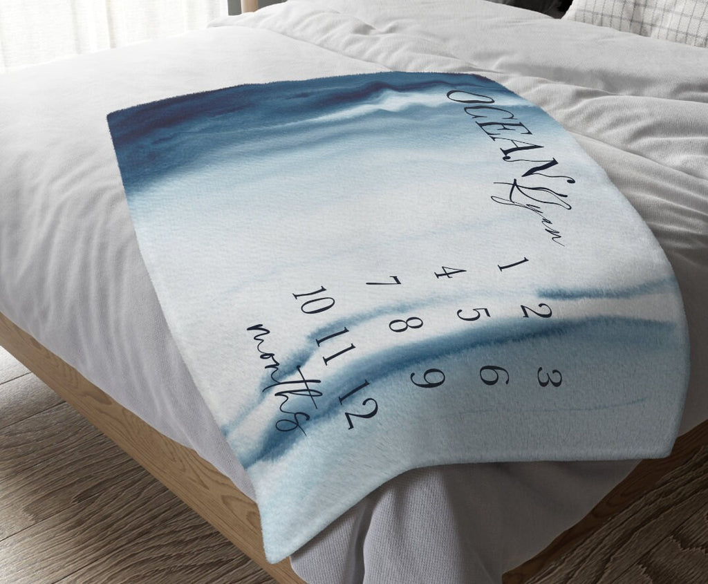 Ocean Baby Milestone Blanket Boy, Personalized First Year Calendar Monthly Growth Tracker, Newborn Boy Milestone Blanket, Baby Shower Gift