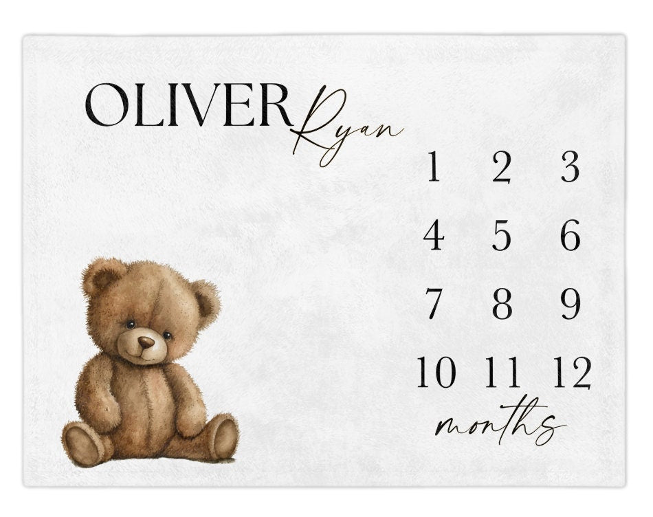 Personalized Teddy Bear Baby Milestone Blanket, First Year Monthly Growth Tracker, Neutral Photo Prop Vintage Nursery, Custom Name Blanket