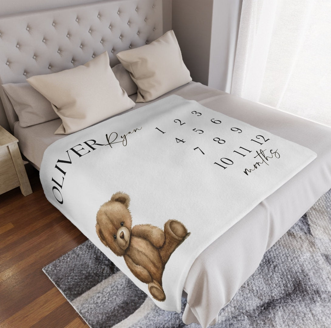 Personalized Teddy Bear Baby Milestone Blanket, First Year Monthly Growth Tracker, Neutral Photo Prop Vintage Nursery, Custom Name Blanket