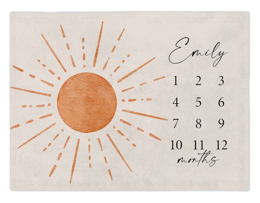 Sun Baby Milestone Blanket, Boho Month Blanket, Sunshine Nursery Decor, Gender Neutral Baby Growth Blanket, Personalized Newborn Gift