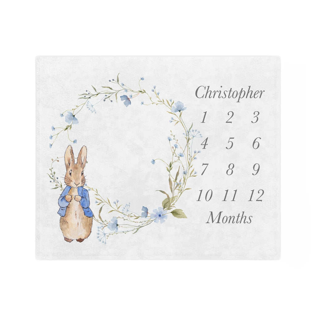 Vintage Rabbit Milestone Blanket, Blue Floral Wildflower, Personalized Baby Month Blanket Boy, Monthly Growth Chart
