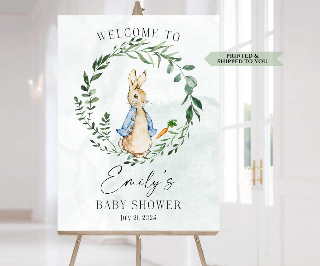 welcome your guests to your next event with this Classic Peter Rabbit baby shower welcome sign. Green Wreath bunny rabbit party sign. Wildflower baby shower welcome sign.