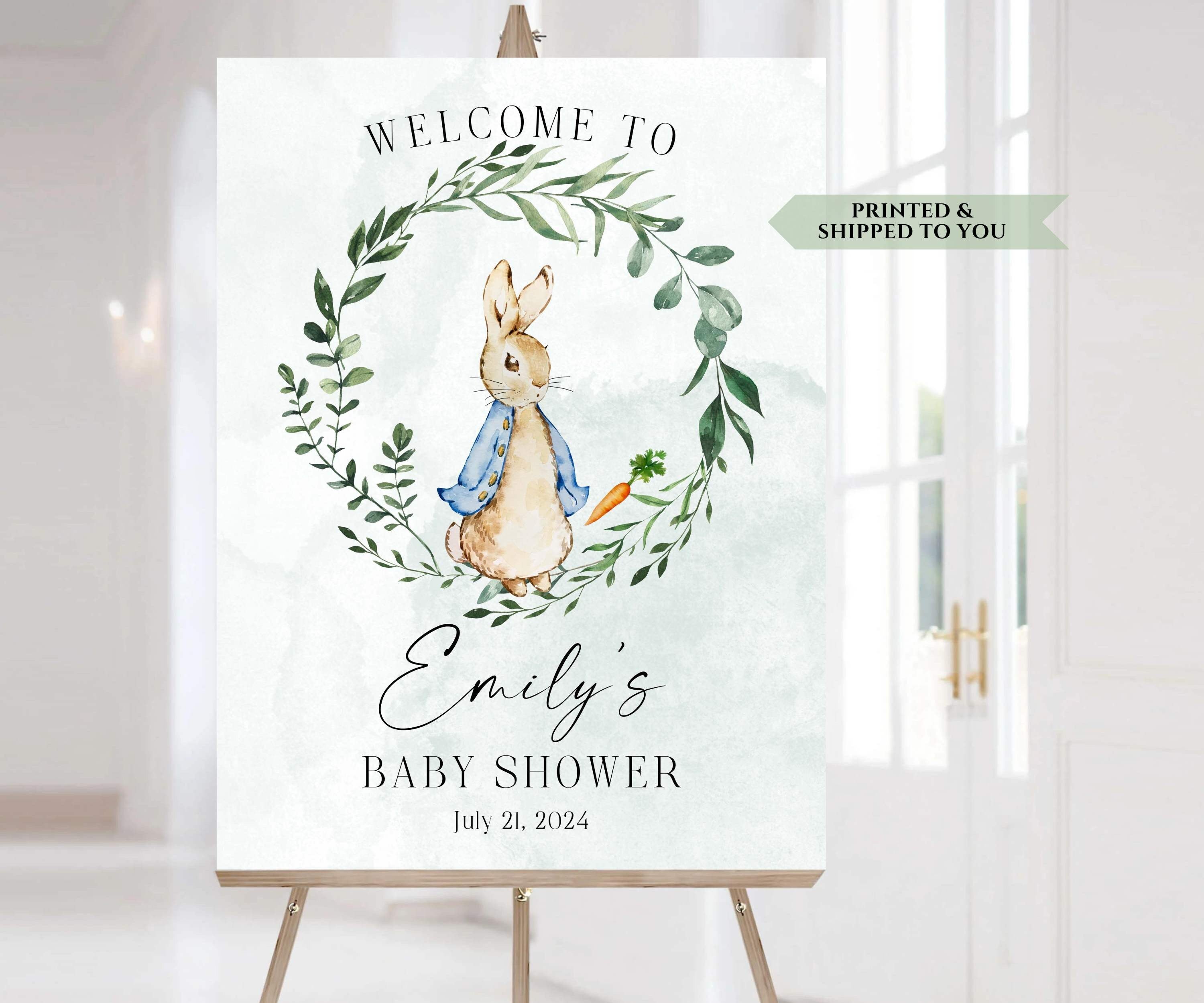 welcome your guests to your next event with this Classic Peter Rabbit baby shower welcome sign. Green Wreath bunny rabbit party sign. Wildflower baby shower welcome sign.