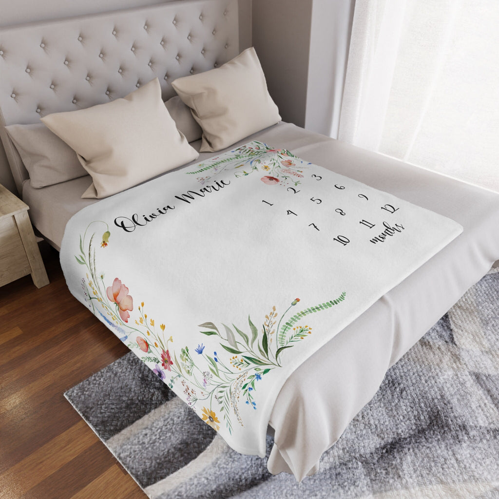 Wildflower Baby Milestone Blanket, Floral Baby Girl Month Blanket, Personalized First Year Calendar Monthly Growth Blanket, Baby Shower Gift
