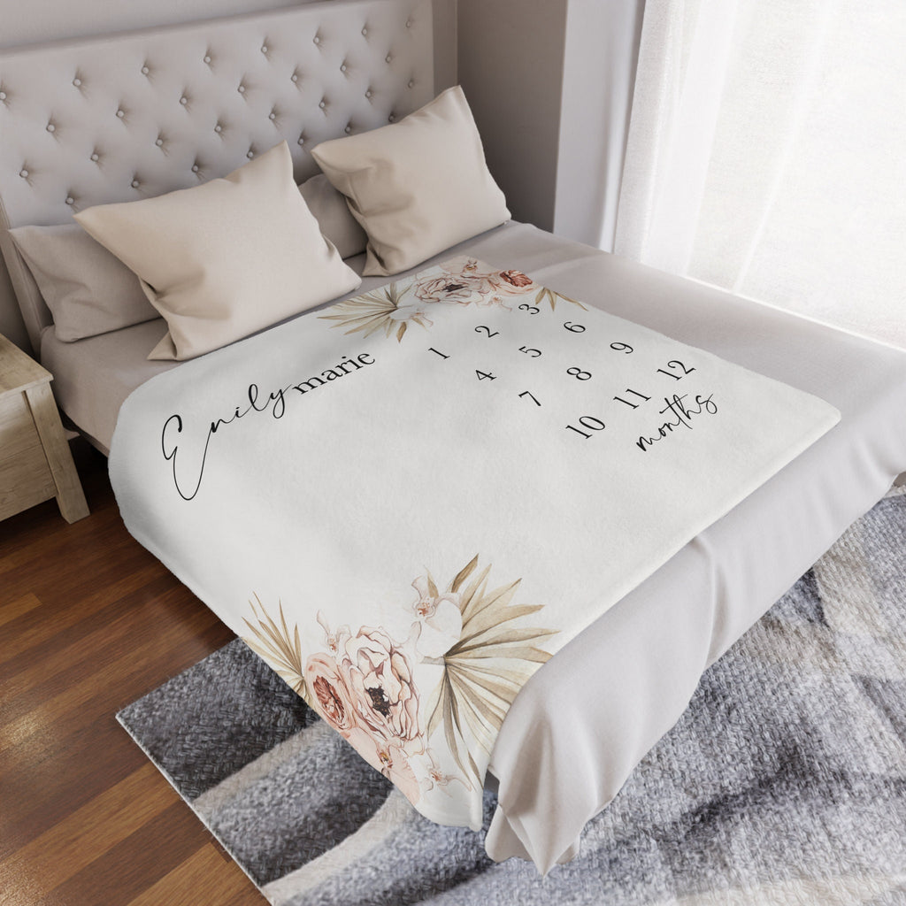 Wildflower Baby Milestone Blanket Girl, Boho Floral Month Blanket, Personalized First Year Calendar Monthly Growth Blanket, Baby Shower Gift
