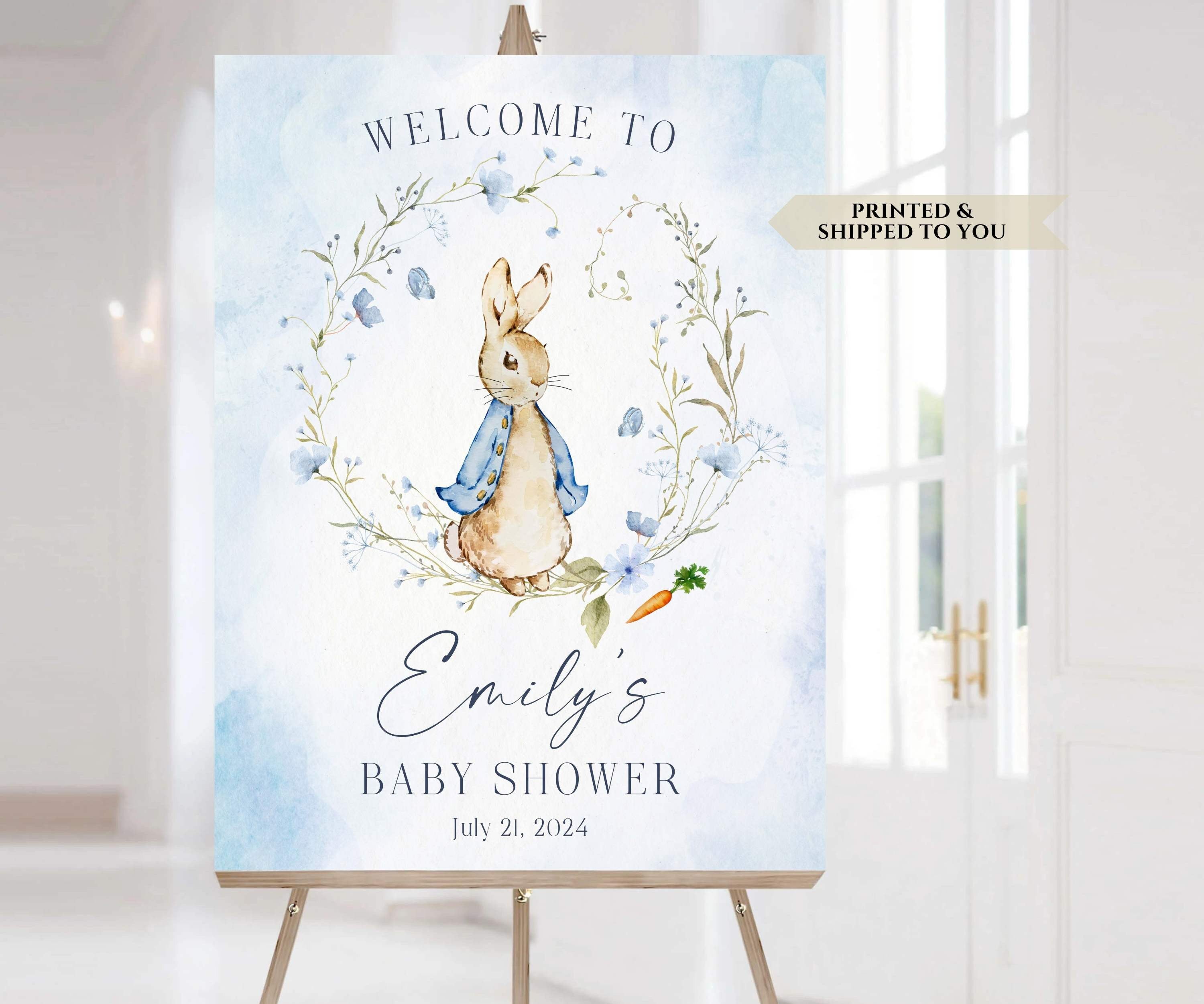 welcome your guests to your next event with this Classic Peter Rabbit baby shower welcome sign. Blue watercolor bunny rabbit party sign. Wildflower baby shower welcome sign.