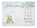 Classic Storybook Bear baby milestone blanket. Classic Winnie the bear inspired monthly growth blanket. The winnie bear has a blue shirt. The blue watercolor hue, bumble bees make this an adorable baby shower gift for baby boy. baby month blanket. Calendar monthly Growth blanket.
