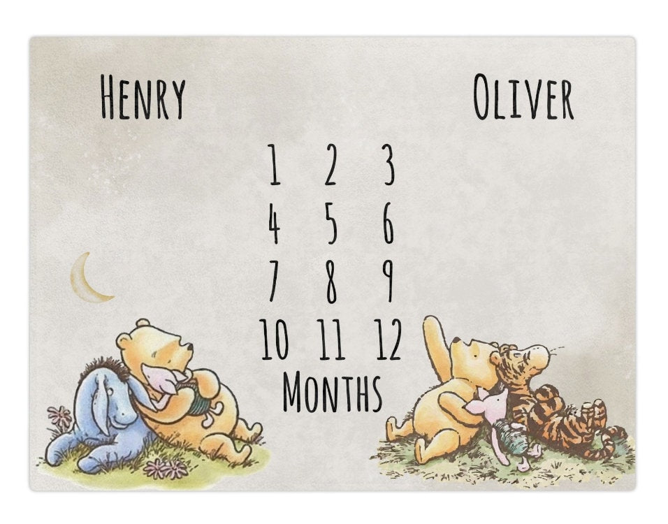 Pooh Bear Twins Baby Month Blanket, Personalized Name Monthly Milestone Blanket, Twin Winnie Neutral Nursery, Pooh Bear Twin Baby Gift