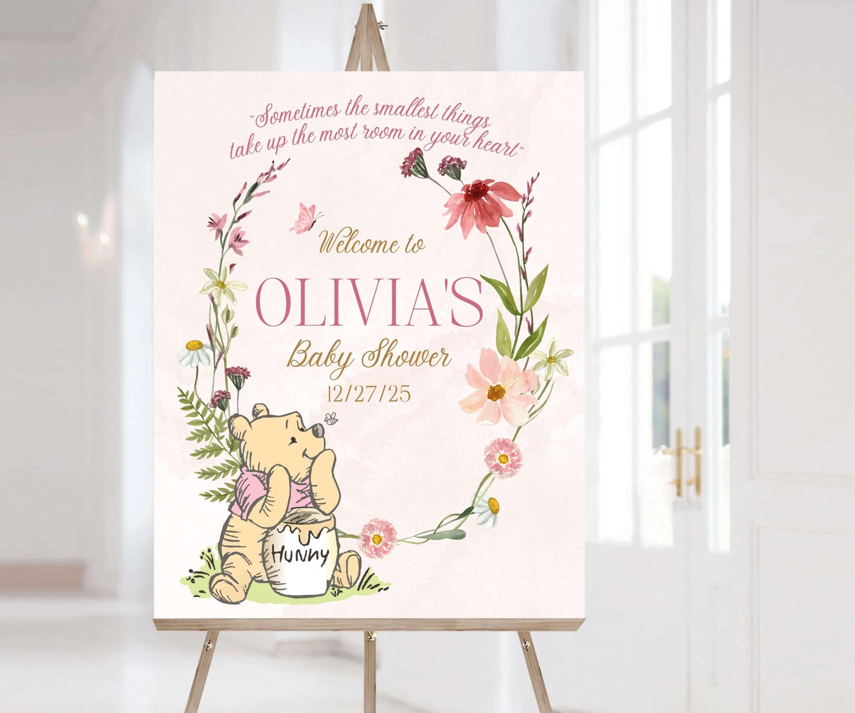 Another option available is pooh bear with a pink shirt and floral wreath with a light pink watercolor background.