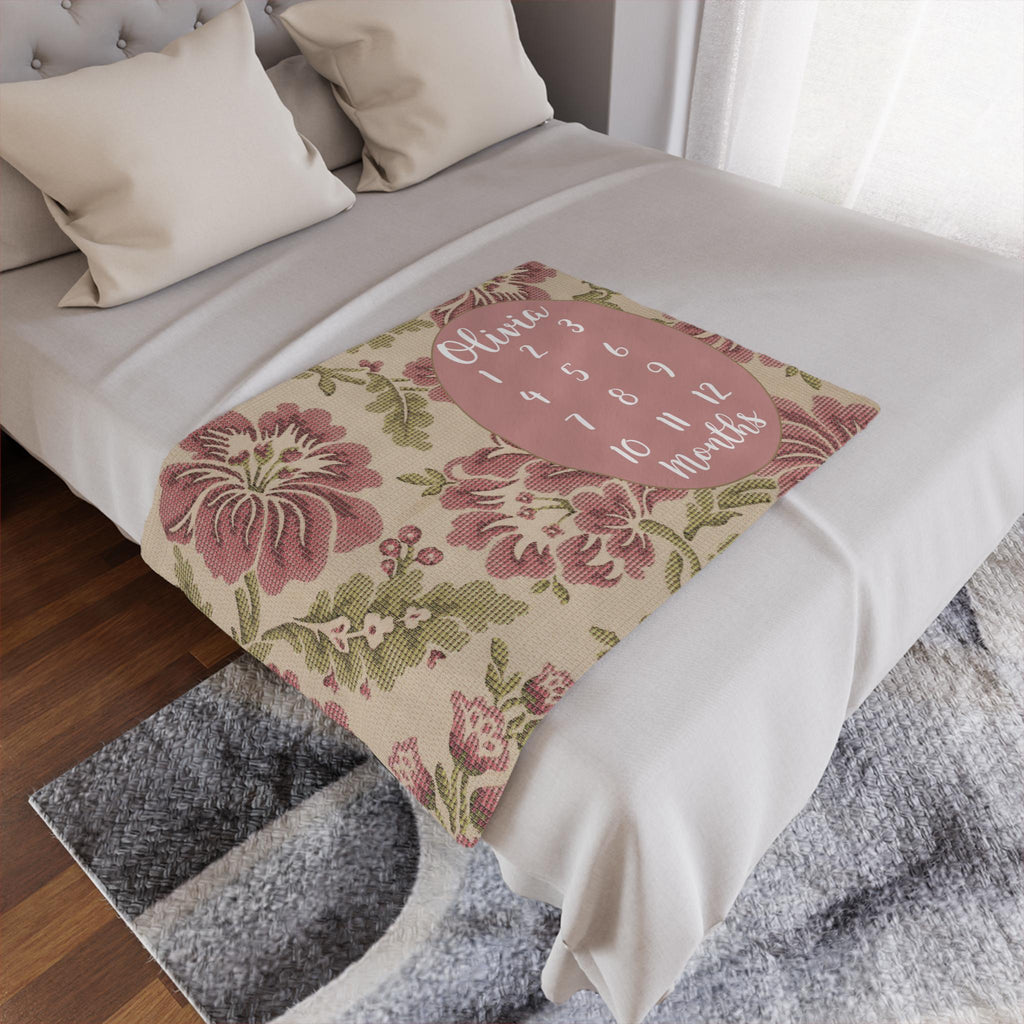 Wild flower Baby Milestone Woven Blanket, Personalized Calendar Monthly Growth Mat, Boho Floral Month Newborn Blanket, Baby Shower Gift