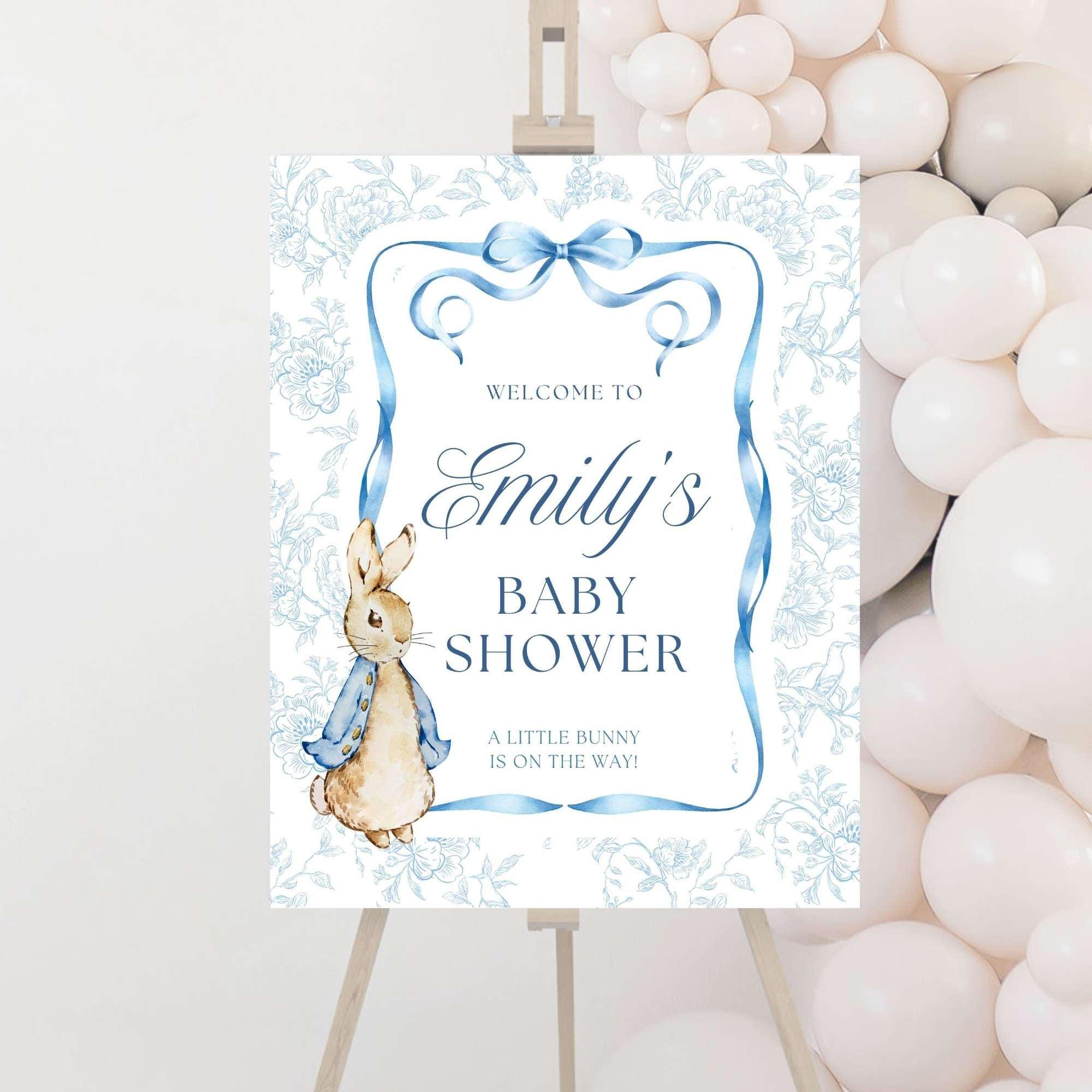 Vintage Rabbit Baby Shower Welcome Sign, Blue Bow Party Poster, A Bunny is on the Way Decor, Boy Baby Sprinkle, PRINTED + SHIPPED