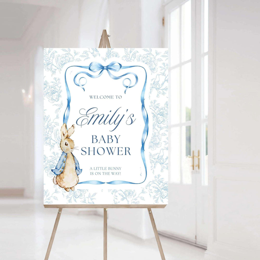 Vintage Rabbit Baby Shower Welcome Sign, Blue Bow Party Poster, A Bunny is on the Way Decor, Boy Baby Sprinkle, PRINTED + SHIPPED