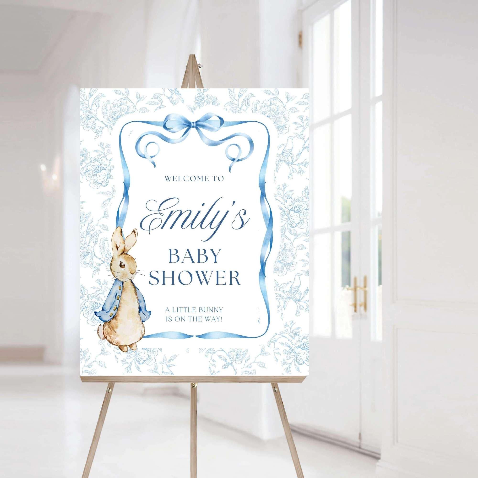 Vintage Rabbit Baby Shower Welcome Sign, Blue Bow Party Poster, A Bunny is on the Way Decor, Boy Baby Sprinkle, PRINTED + SHIPPED