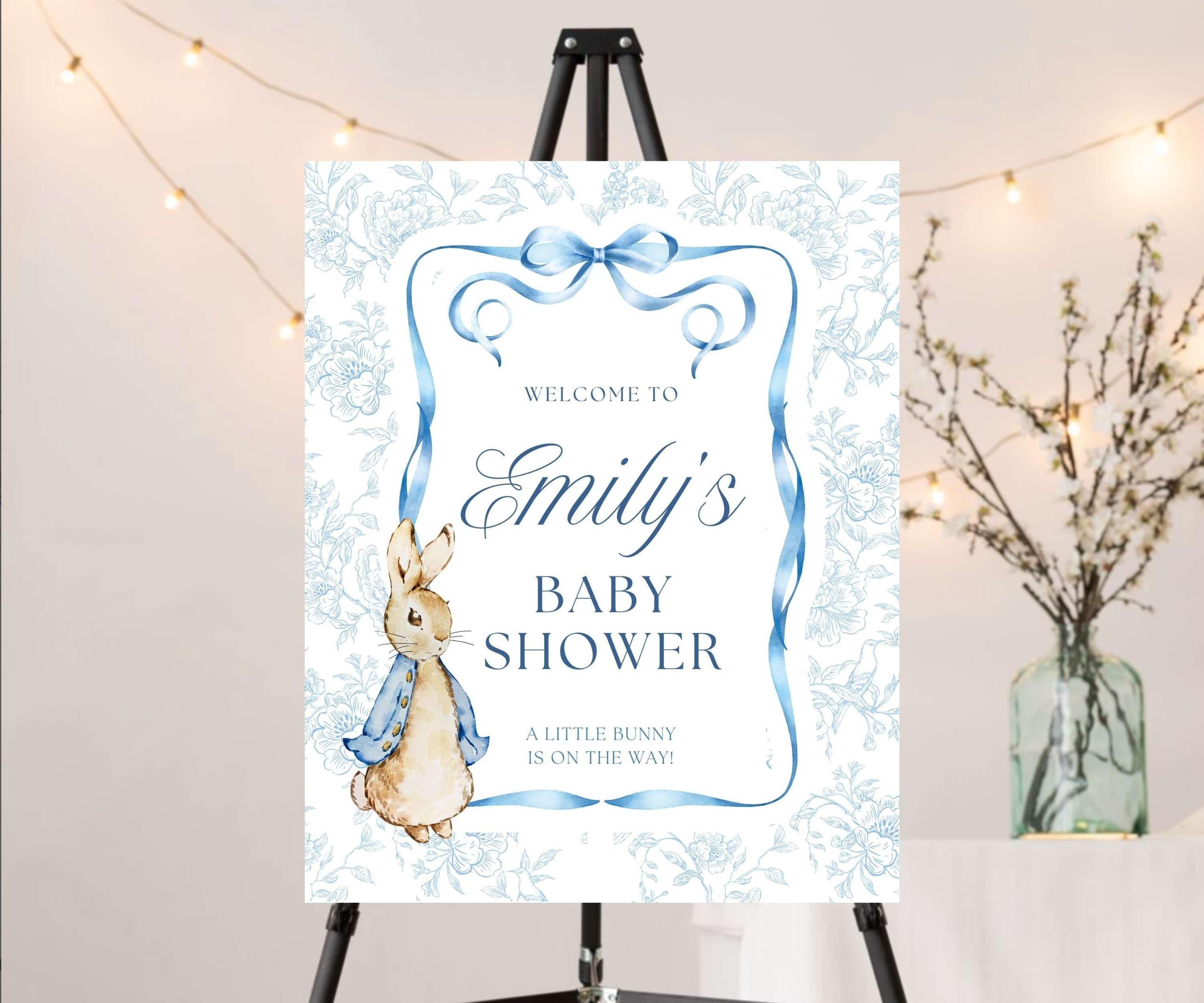 Vintage Rabbit Baby Shower Welcome Sign, Blue Bow Party Poster, A Bunny is on the Way Decor, Boy Baby Sprinkle, PRINTED + SHIPPED