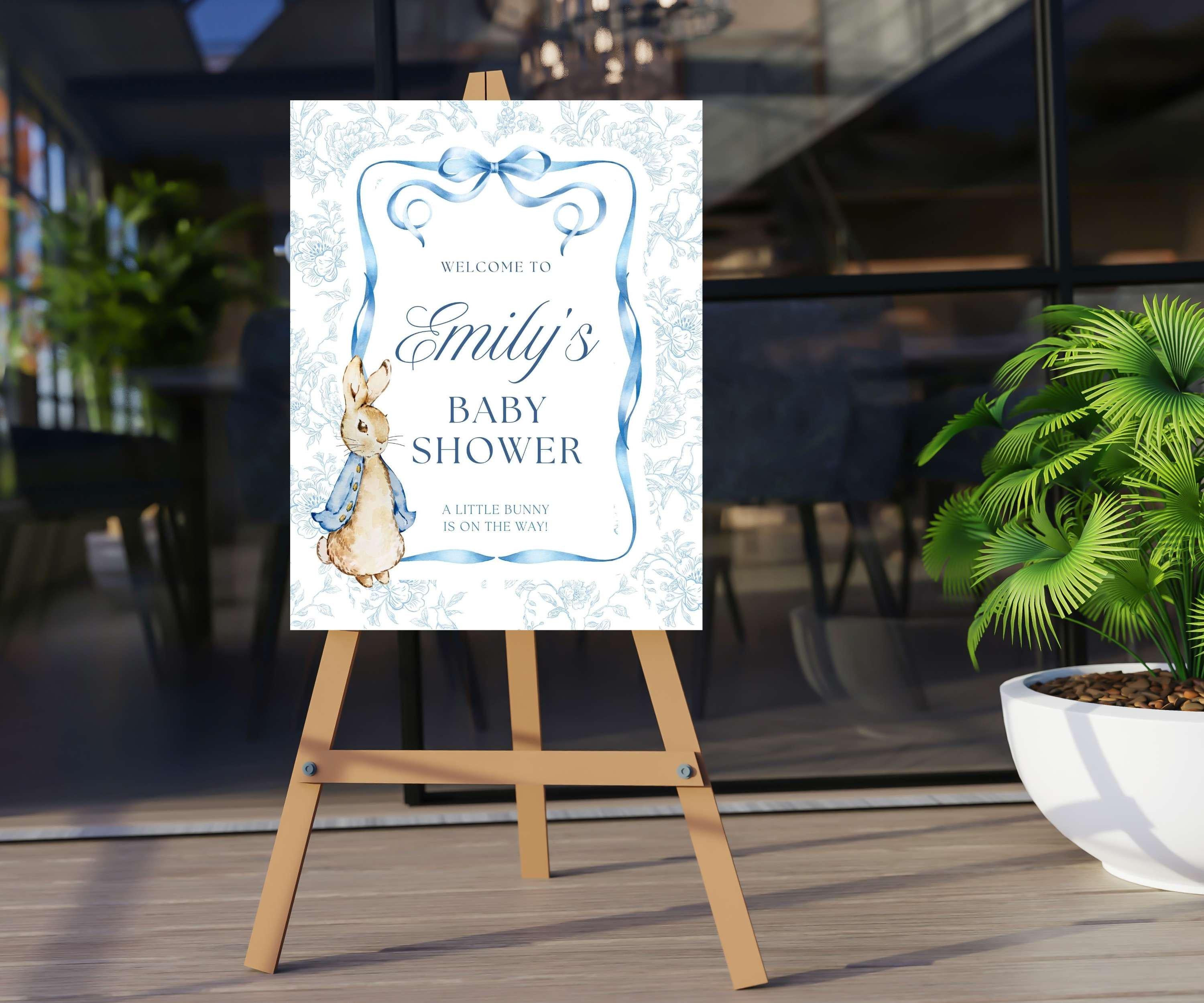 Vintage Rabbit Baby Shower Welcome Sign, Blue Bow Party Poster, A Bunny is on the Way Decor, Boy Baby Sprinkle, PRINTED + SHIPPED