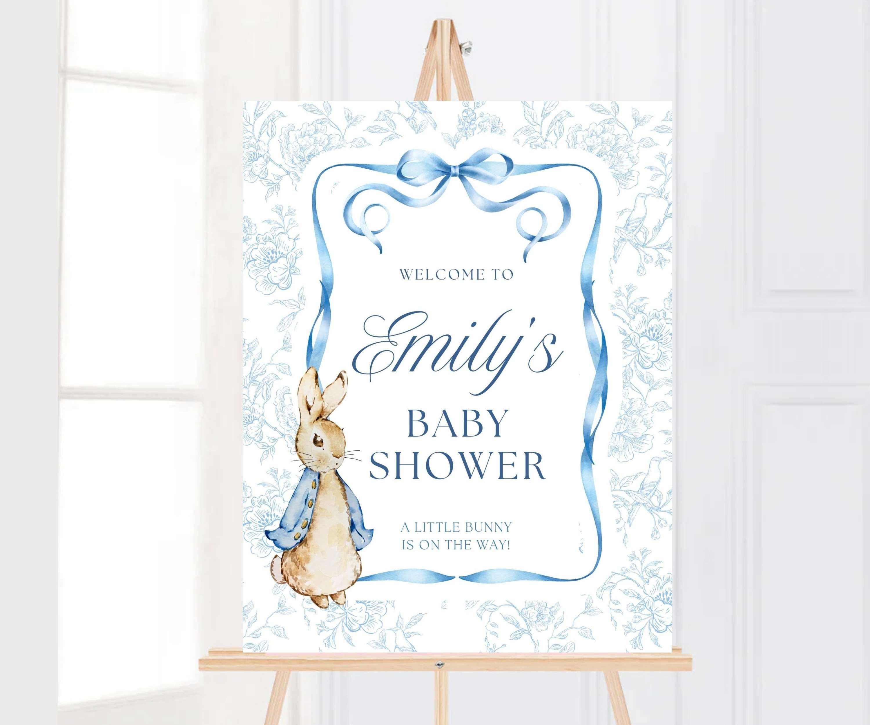 Vintage Rabbit Baby Shower Welcome Sign, Blue Bow Party Poster, A Bunny is on the Way Decor, Boy Baby Sprinkle, PRINTED + SHIPPED