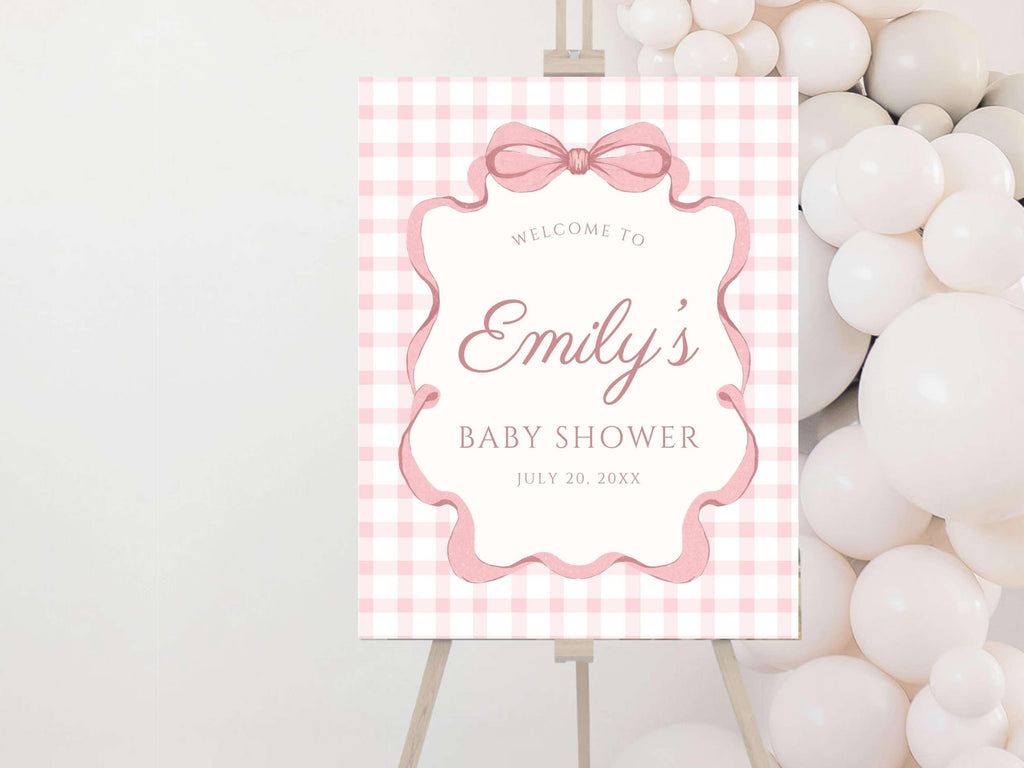 Pink Gingham Bow Welcome Sign, Pink Striped Baby Shower, Preppy Coquette Baby Girl Decor, Physical Foam Board, Custom Event Party Poster