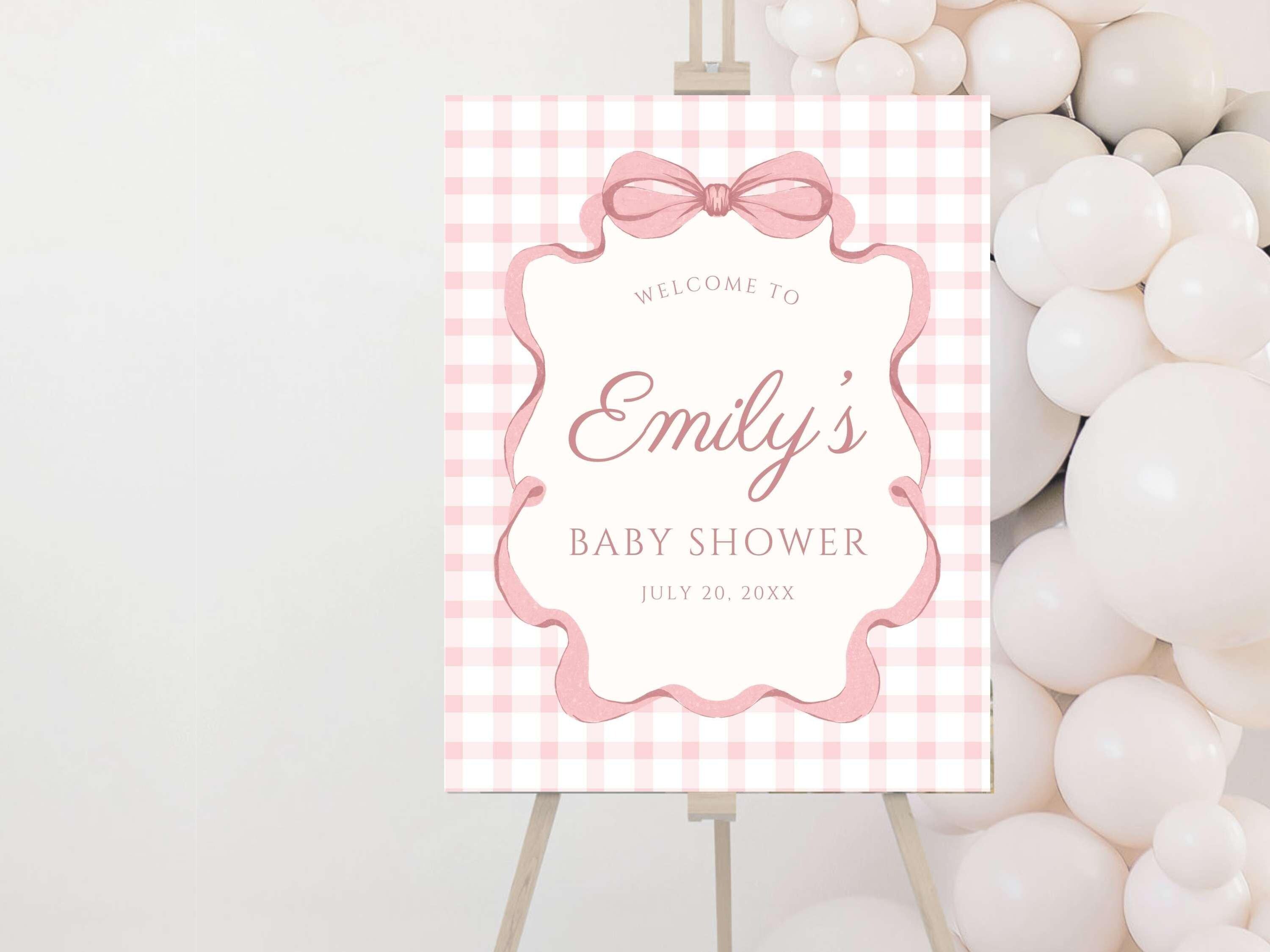 Pink Gingham Bow Welcome Sign, Pink Striped Baby Shower, Preppy Coquette Baby Girl Decor, Physical Foam Board, Custom Event Party Poster