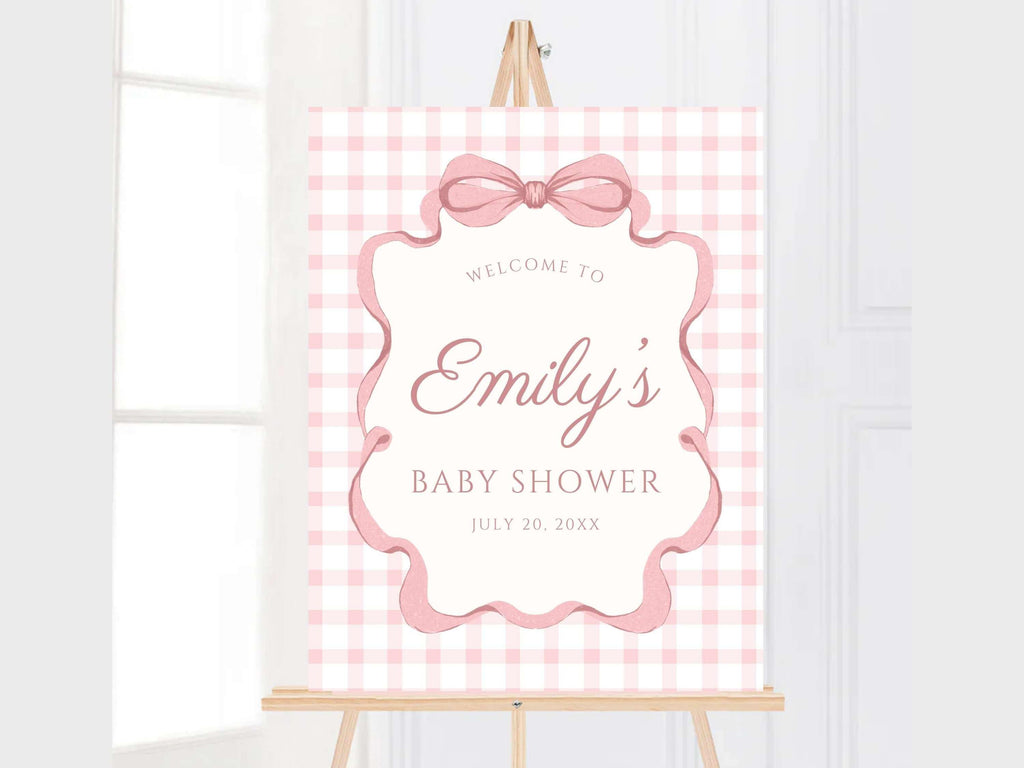 Pink Gingham Bow Welcome Sign, Pink Striped Baby Shower, Preppy Coquette Baby Girl Decor, Physical Foam Board, Custom Event Party Poster