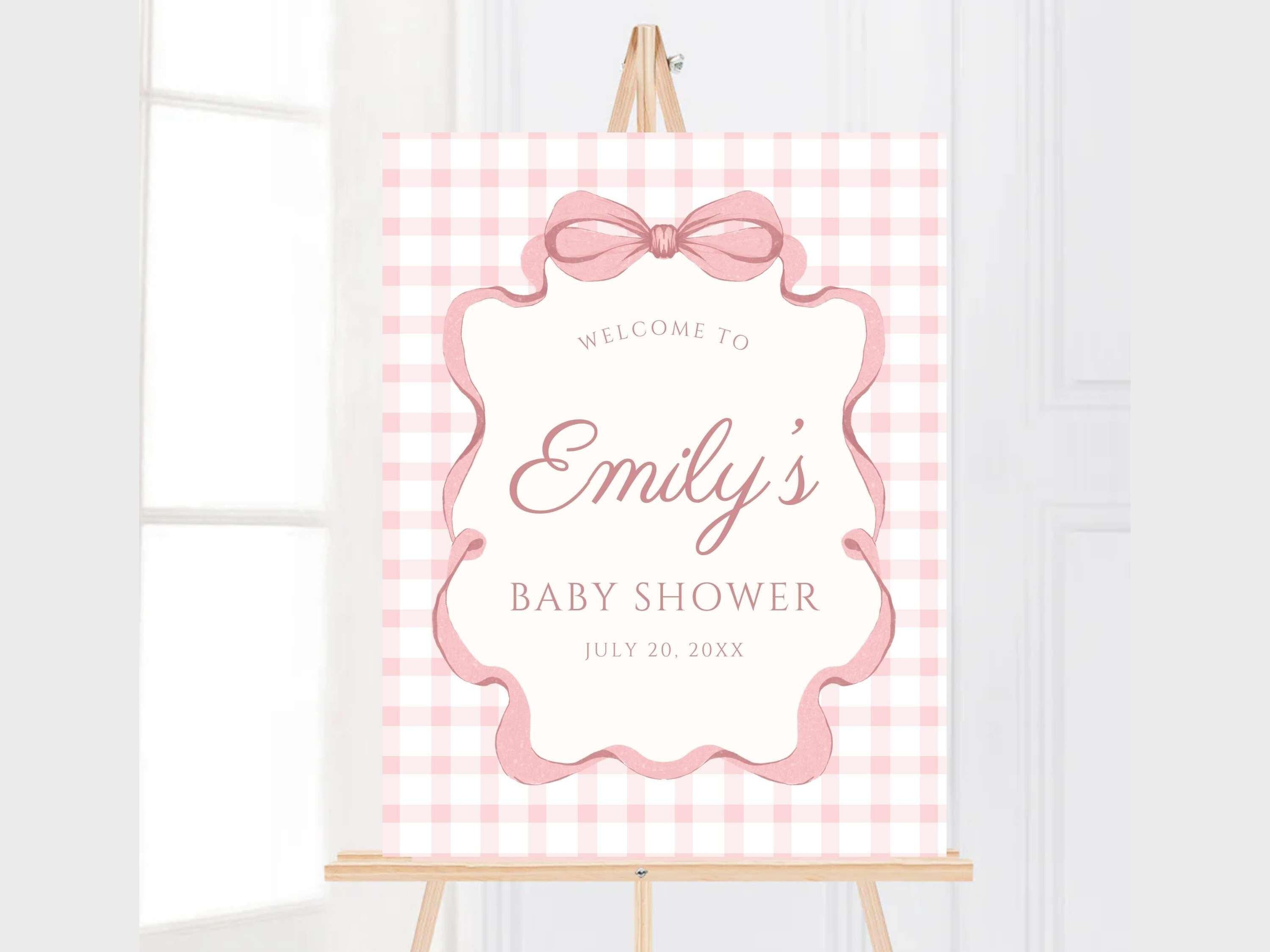 Pink Gingham Bow Welcome Sign, Pink Striped Baby Shower, Preppy Coquette Baby Girl Decor, Physical Foam Board, Custom Event Party Poster