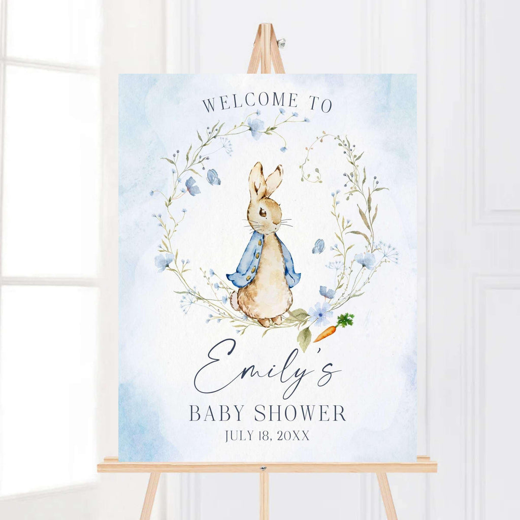 This Storybook Rabbit Baby Shower Welcome Sign adds a personalized and charming touch to your upcoming celebration. Featuring a Classic Bunny design adorned with a blue wildflower wreath. The elegant design adds a unique touch, which allows you to warmly greet your guests and celebrate in style. Some Bunny Rabbit Party Poster. Classic Storybook Baby Sprinkle Sign.
We can personalize your Event Signs and invitations for any occasion such as a baby shower, baby sprinkle, First Birthday, and more.