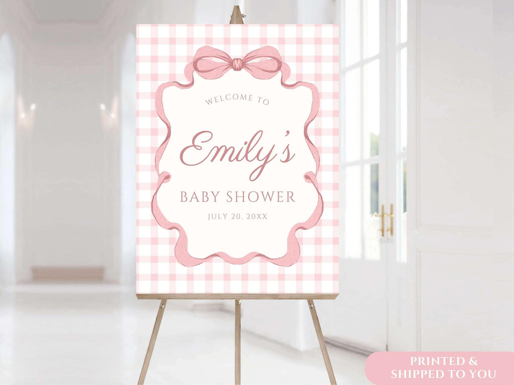 Pink Gingham Bow Welcome Sign, Pink Striped Baby Shower, Preppy Coquette Baby Girl Decor, Physical Foam Board, Custom Event Party Poster