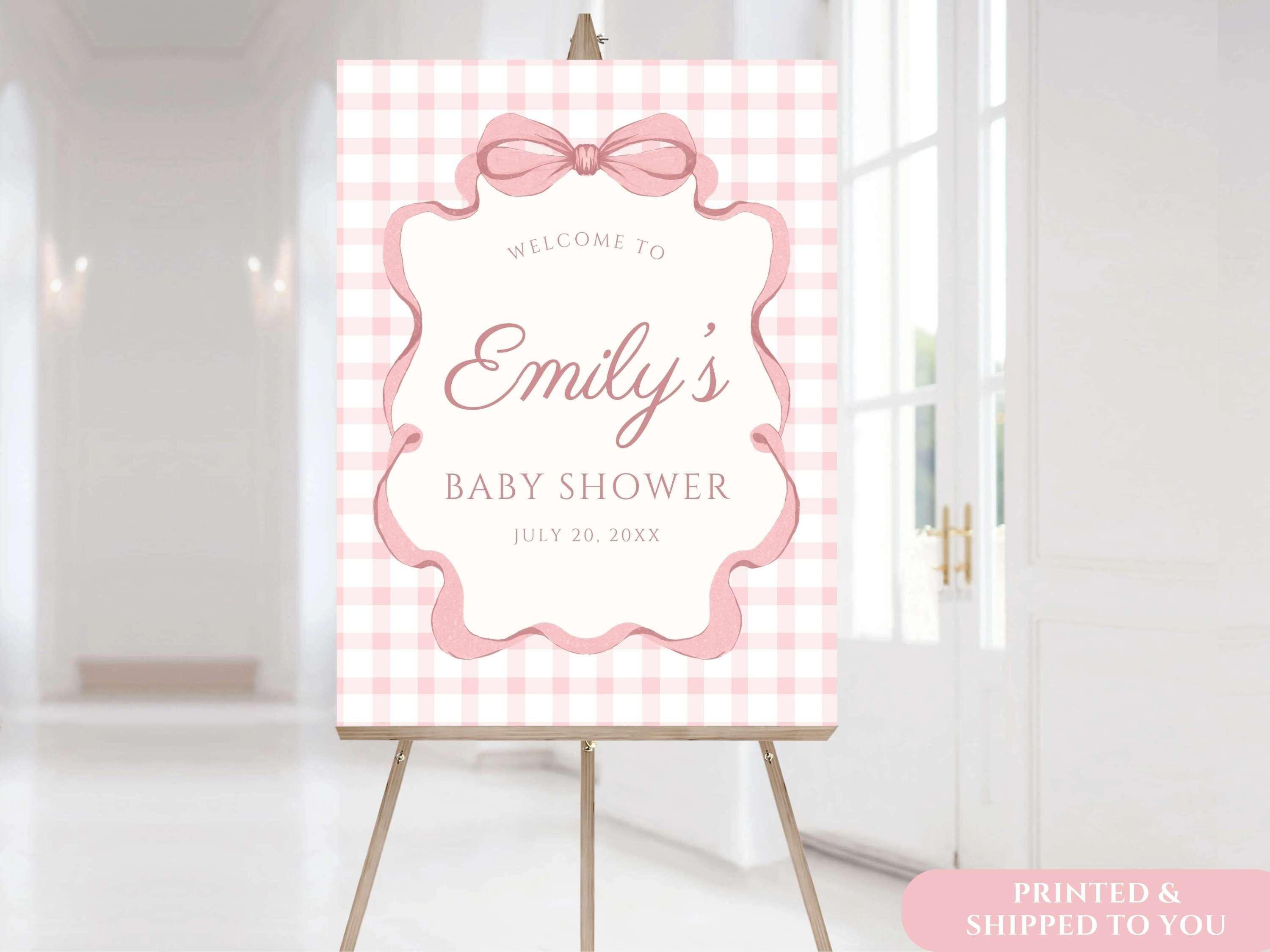 Pink Gingham Bow Welcome Sign, Pink Striped Baby Shower, Preppy Coquette Baby Girl Decor, Physical Foam Board, Custom Event Party Poster
