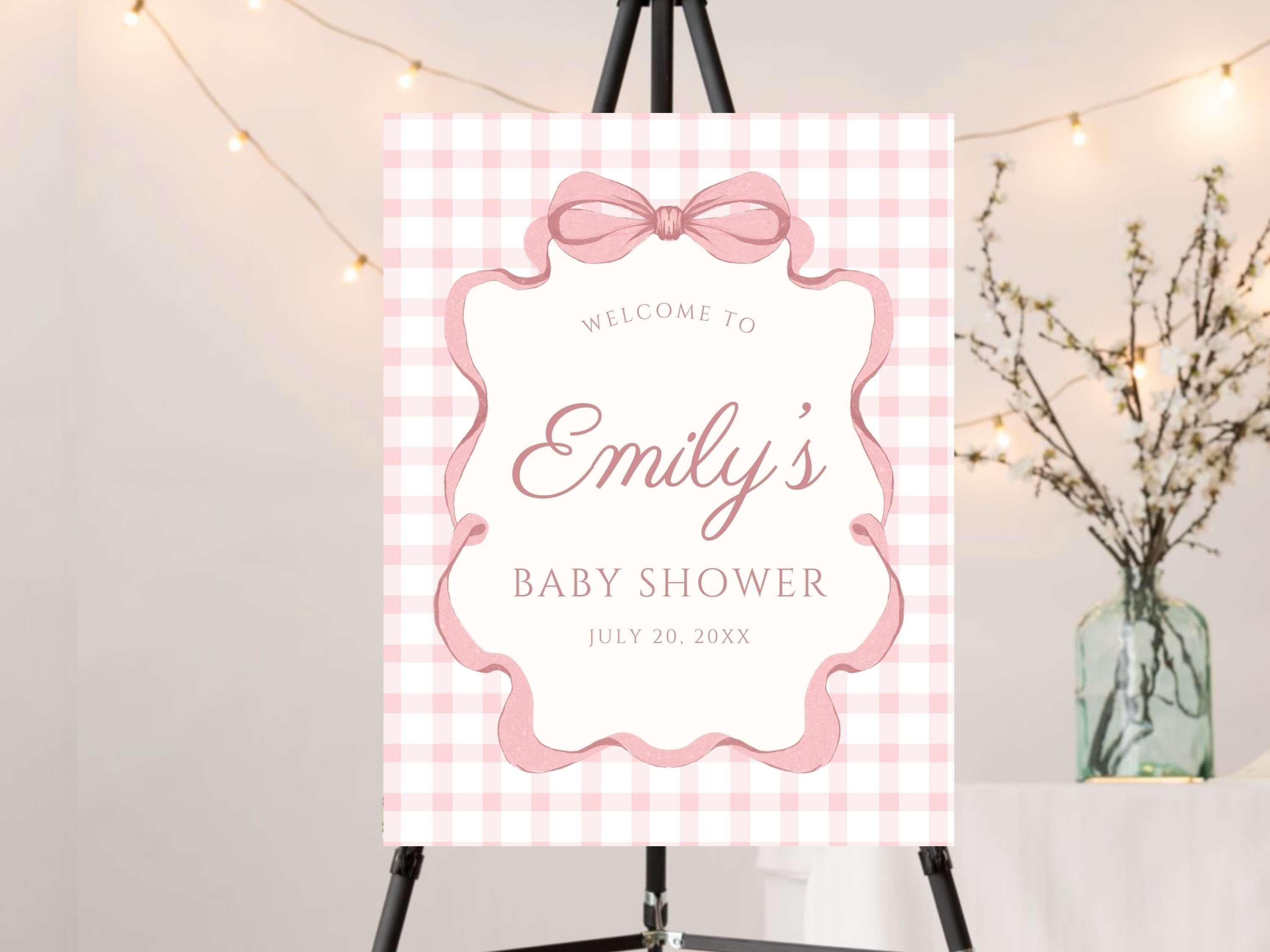 Pink Gingham Bow Welcome Sign, Pink Striped Baby Shower, Preppy Coquette Baby Girl Decor, Physical Foam Board, Custom Event Party Poster