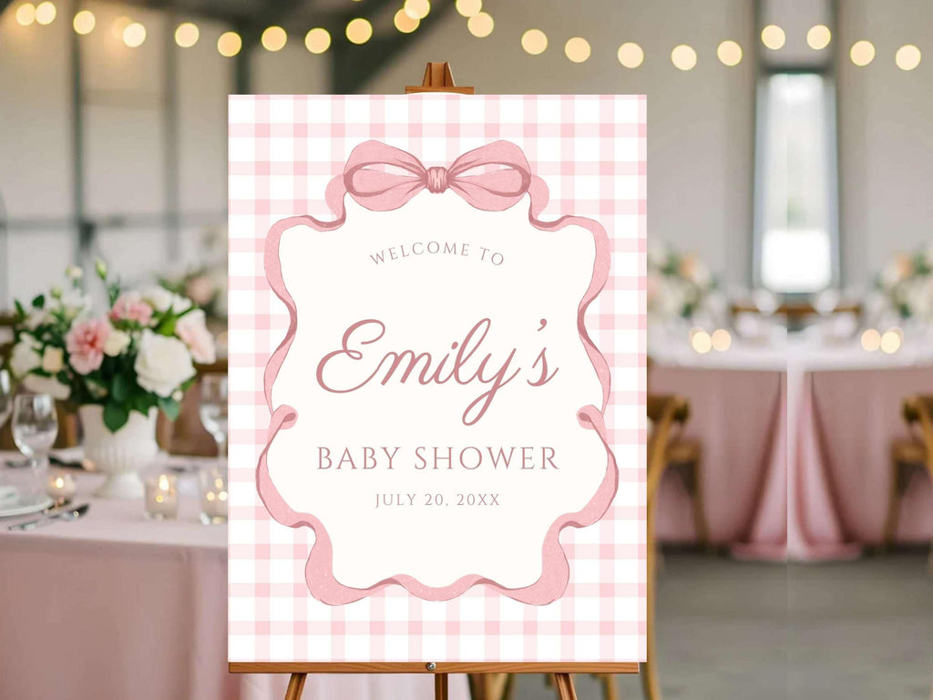 Pink Gingham Bow Welcome Sign, Pink Striped Baby Shower, Preppy Coquette Baby Girl Decor, Physical Foam Board, Custom Event Party Poster