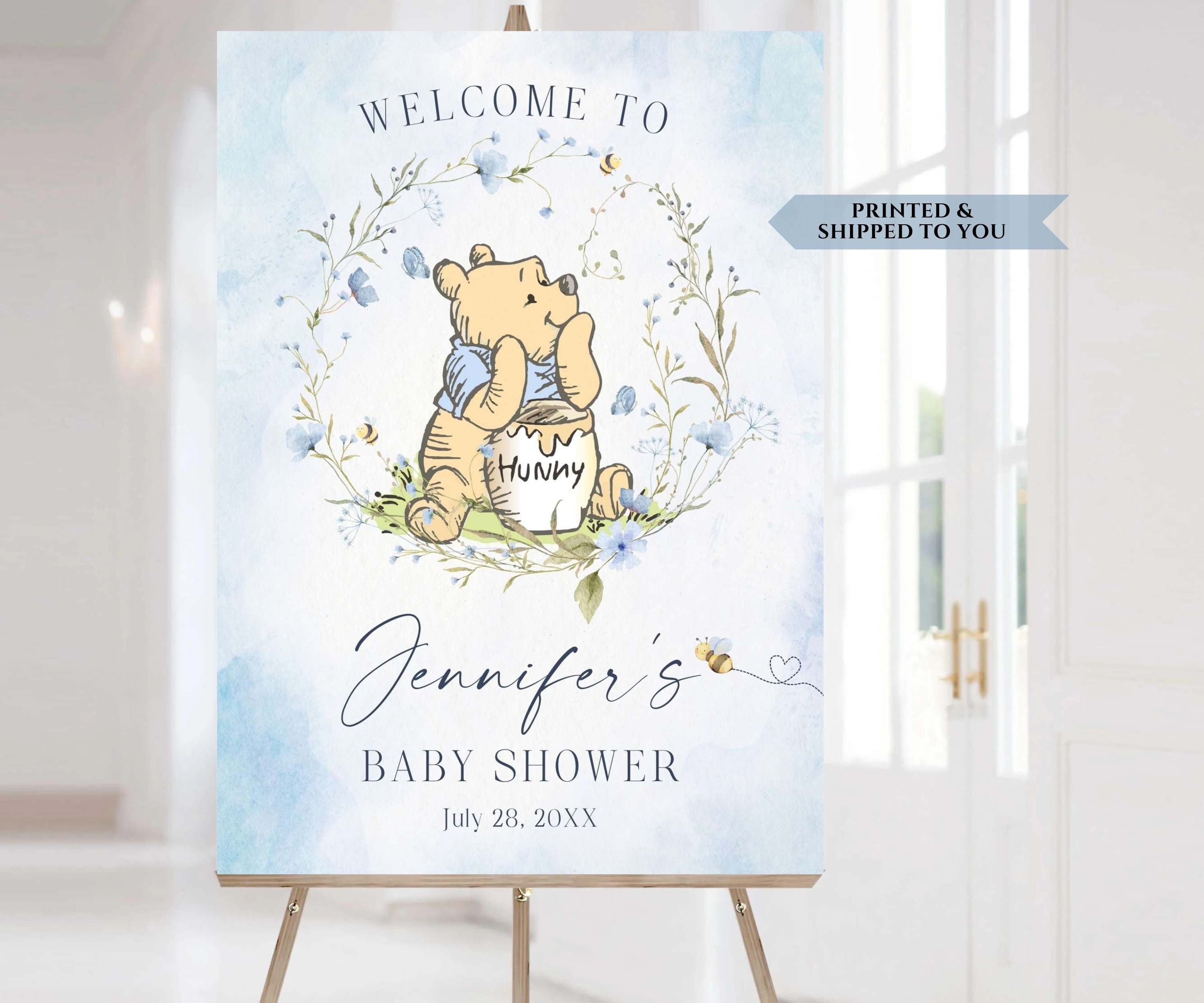 welcome your guests to your next event with this pooh baby shower welcome sign. Teddy Has a blue shirt with elegant blue wildflower and honey pot. pooh bear welcome poster. pooh party poster. Storybook Bear foam board welcome sign. Baby sprinkle sign.