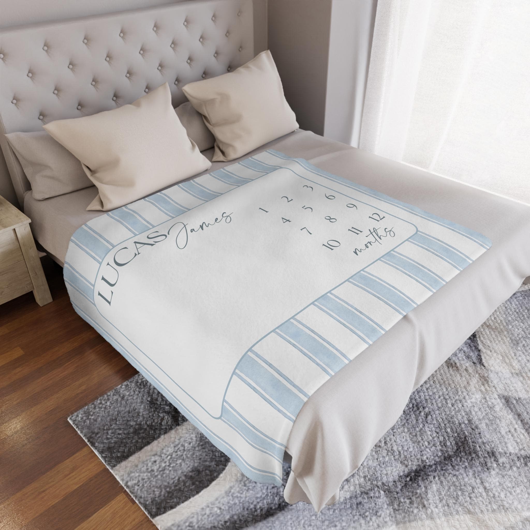 Baby Milestone Blanket Boy, Personalized Month Blanket Blue Striped, Preppy Monthly Growth Mat, Custom Baby Shower Gift, Heirloom Blanket