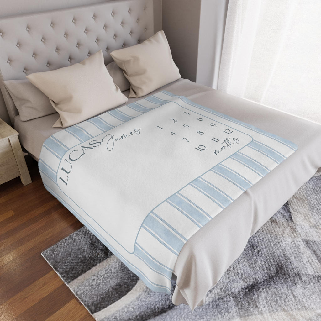 Baby Milestone Blanket Boy, Personalized Month Blanket Blue Striped, Preppy Monthly Growth Mat, Custom Baby Shower Gift, Heirloom Blanket