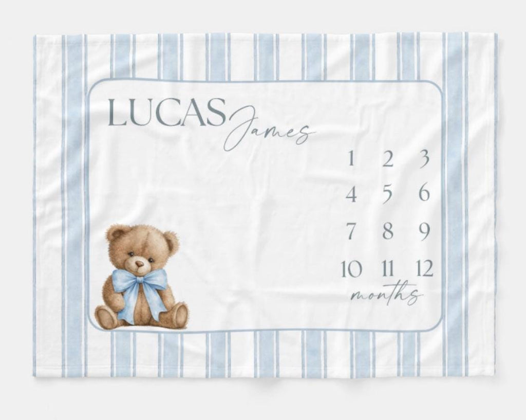 Baby Boy Milestone Blanket, Teddy Bear Month Blanket, Preppy Blue Striped Monthly Growth Mat, Personalized Newborn Photography Fleece