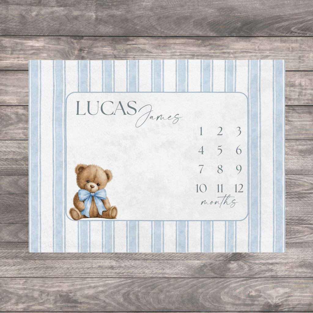 Baby Boy Milestone Blanket. Storybook Bear heirloom baby blanket. Dusty Blue Striped Baby Boy Milestone Blanket, Teddy Bear Month Blanket, Watercolor Monthly Growth Mat, Personalized Newborn Photography.
Capture every precious moment of your little one’s first year with our Classic Blue Striped Milestone Blanket. Featuring a timeless watercolor stripe design and a teddy bear with dusty blue bow, the perfect backdrop for monthly growth photos. Adorable baby keepsake to cherish for years to come!